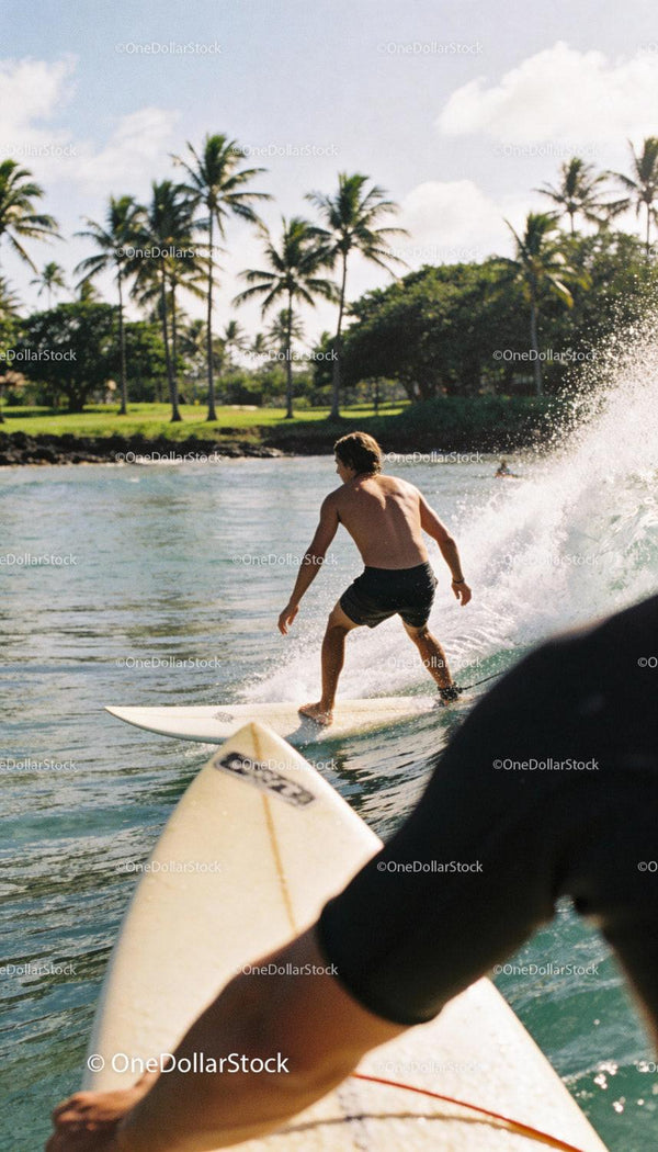 Surfer Riding Wave Near Tropical Shoreline