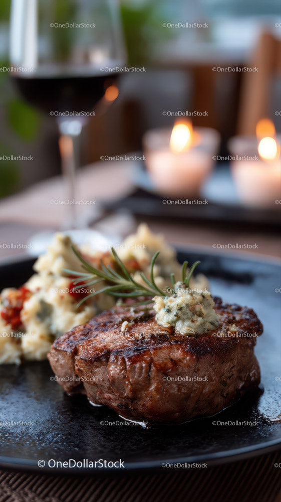 Gourmet Steak with Mashed Potatoes and Rosemary Garnish