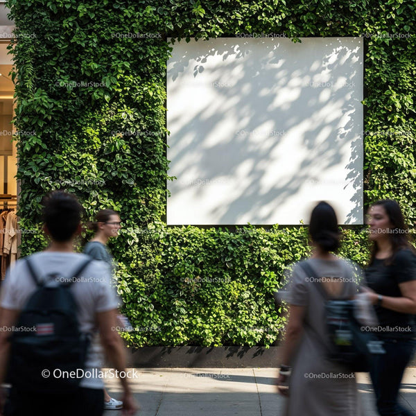 Blank white billboard on lush green vertical garden wall JPG Mockup Image