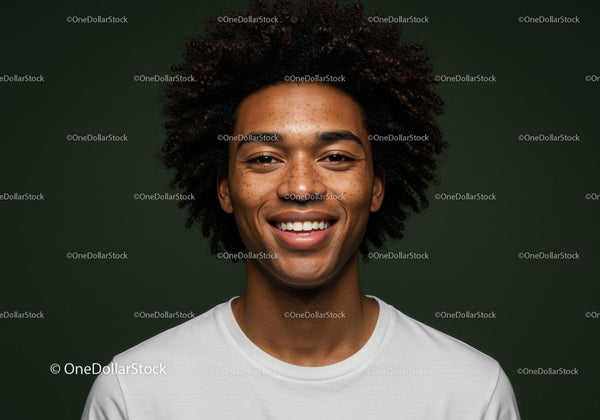 Joyful Woman Portrait with Curly Hair Against Green Background