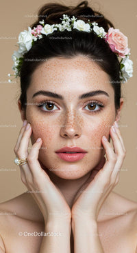 Close-up Portrait of a Woman with Freckles and Floral Crown