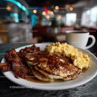 Stack of Fluffy Pancakes with Bacon and Syrup in Cozy Breakfast Setting