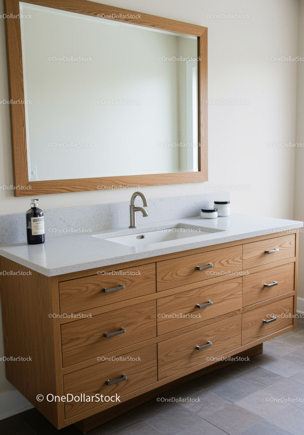 Elegant Wooden Bathroom Vanity with Mirror and Modern Fixtures