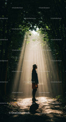 Woman standing in sunlit forest path with hat
