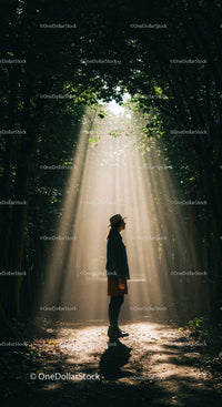Woman standing in sunlit forest path with hat