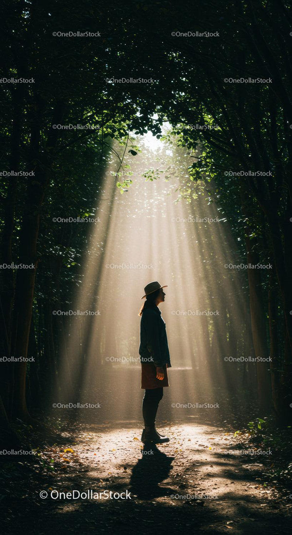Woman standing in sunlit forest path with hat