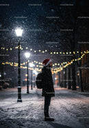 Man wearing Santa hat standing in snowy decorated street at night