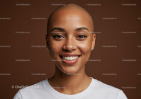Smiling Woman with Bald Head and Natural Skin on Dark Background