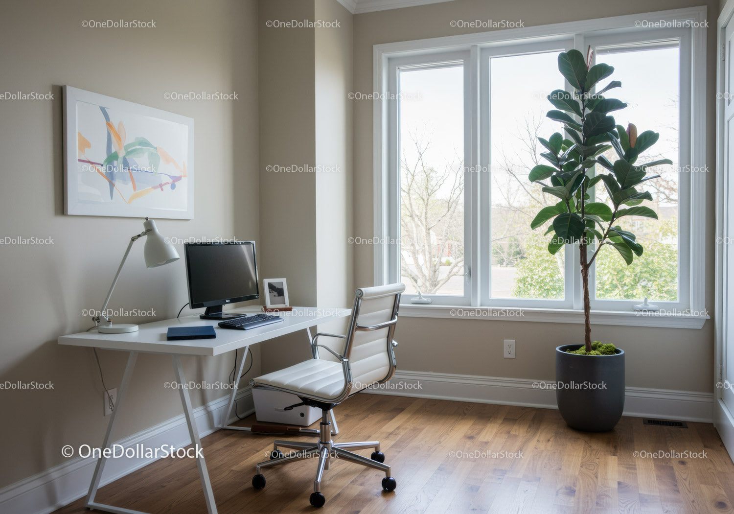 Bright Modern Home Office with Large Window and Tall Ficus Plant