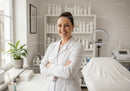 Confident Female Doctor in White Coat in Modern Medical Clinic