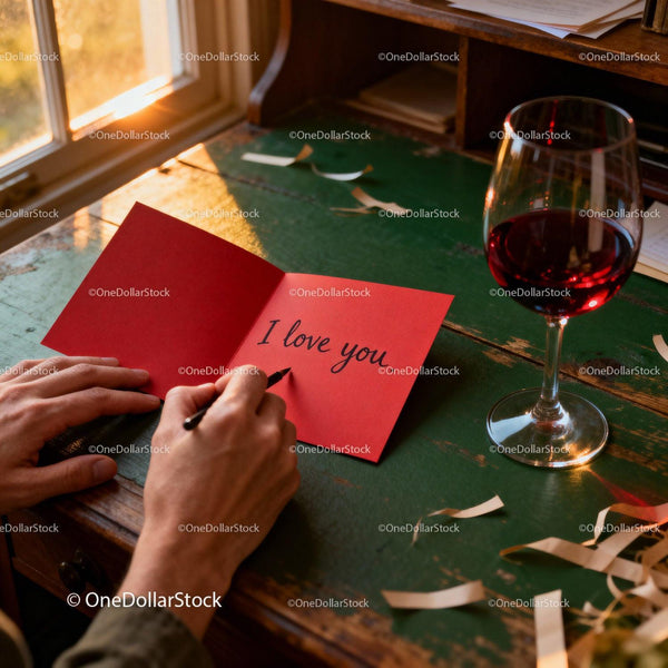 Writing a heartfelt love note near a window with wine