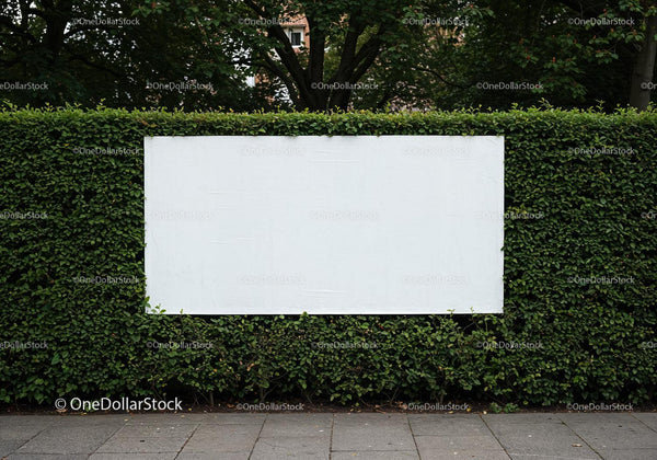 Blank billboard on green hedge in urban setting JPG Mockup Image