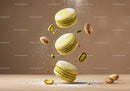 Green pistachio macarons with powdered sugar splash