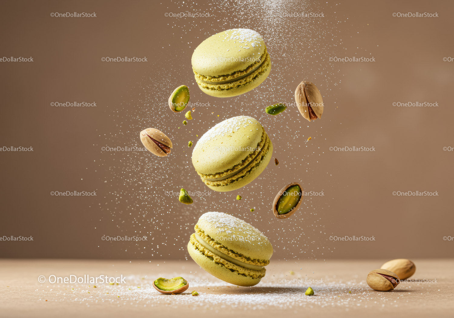 Green pistachio macarons with powdered sugar splash