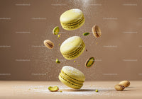 Green pistachio macarons with powdered sugar splash