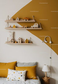 Stylish Modern Nursery Decor with Wooden Toys and Mustard Accents