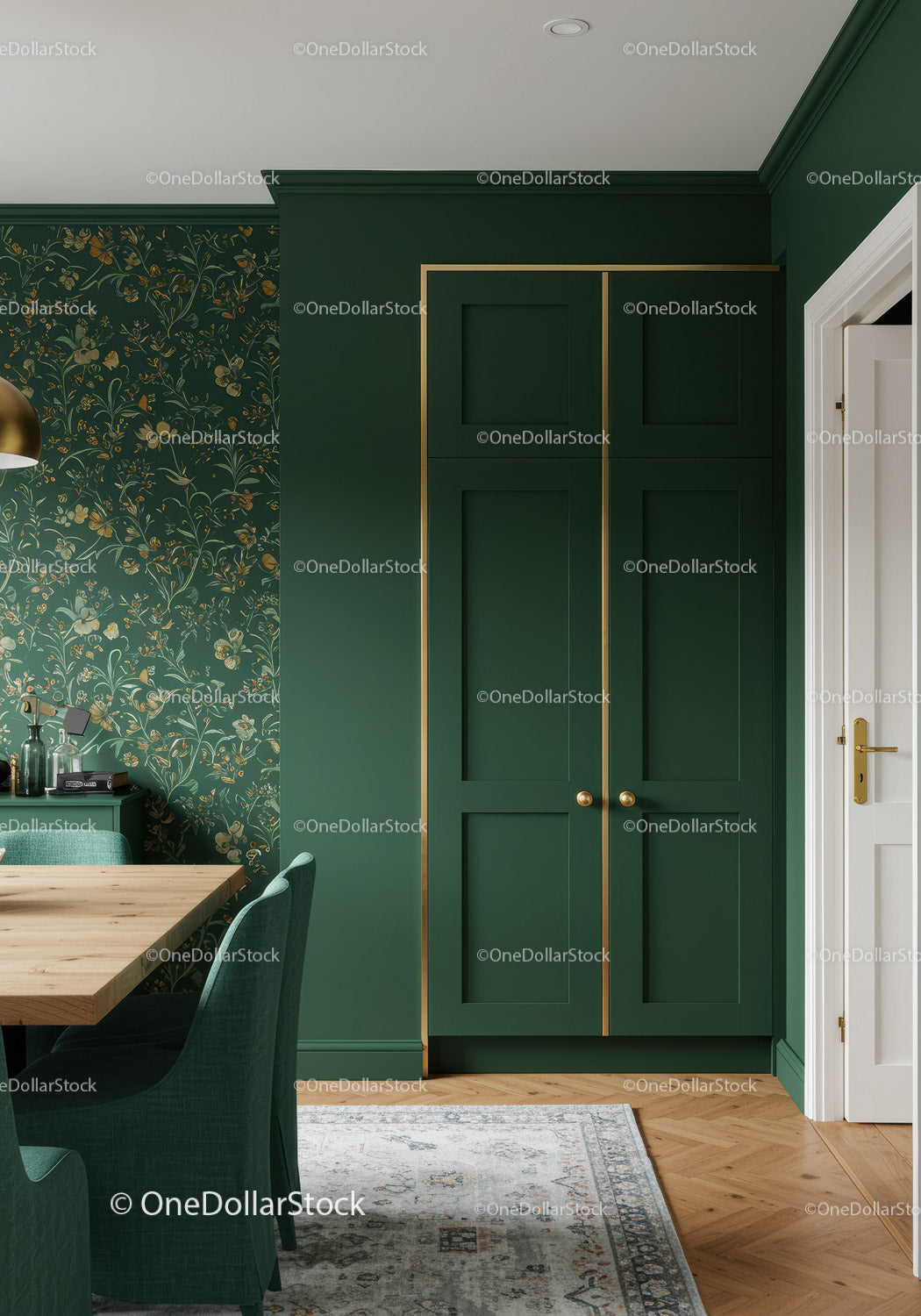 Green Wardrobe and Elegant Interior Design with Gold Accents in Modern Home