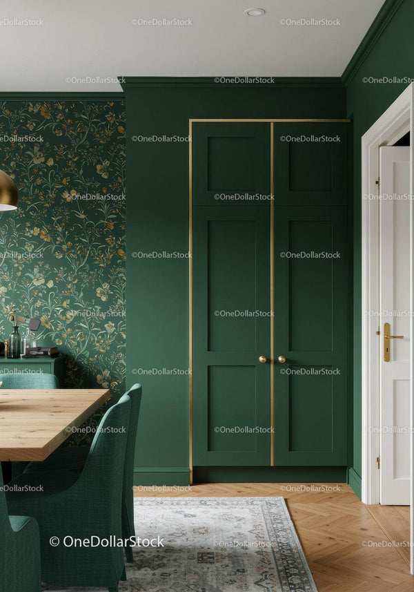 Green Wardrobe and Elegant Interior Design with Gold Accents in Modern Home