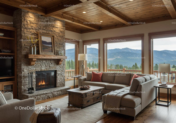 Cozy living room with stone fireplace and mountain view