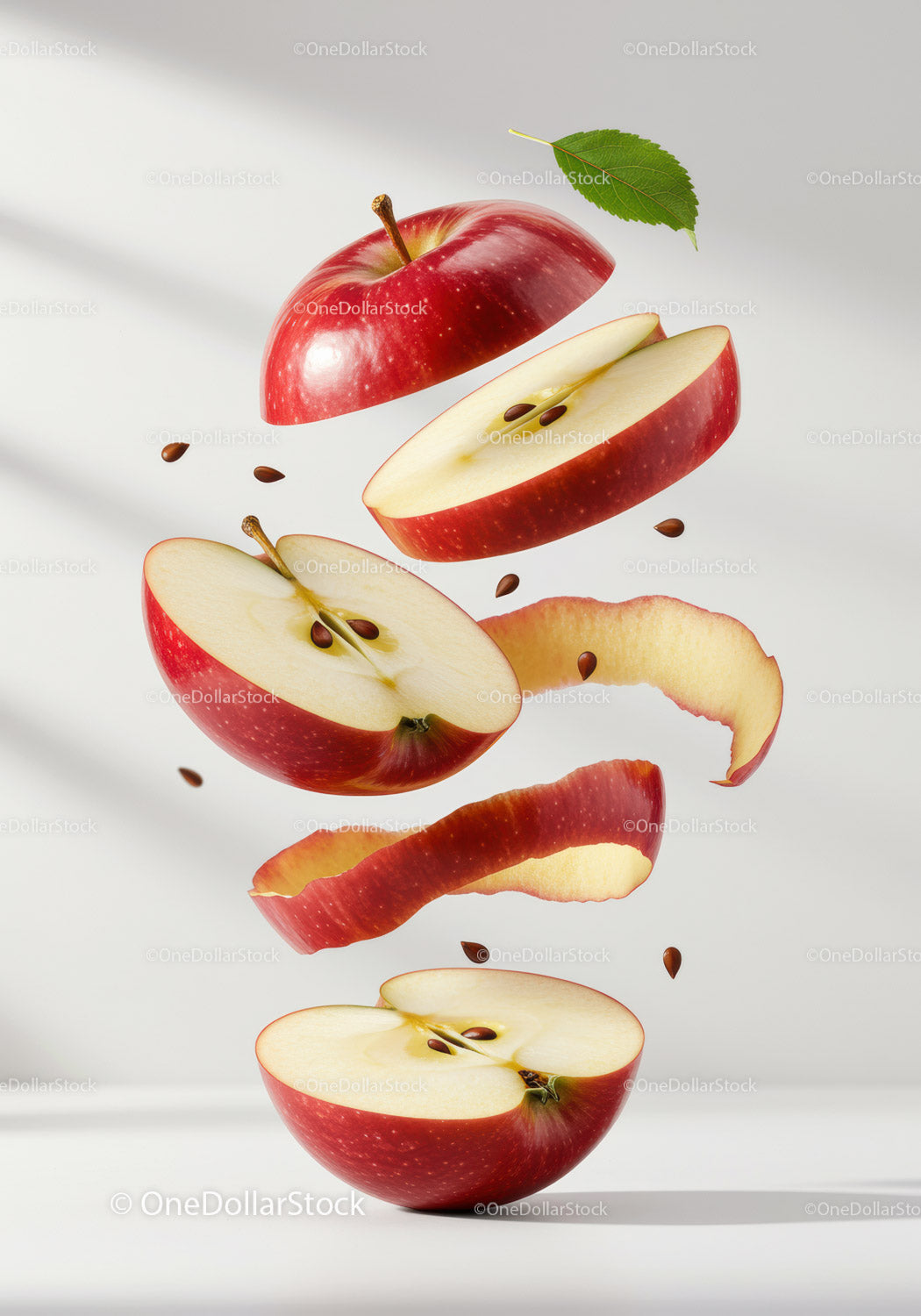 Floating Red Apple Slices with Seeds and Peel Spiral