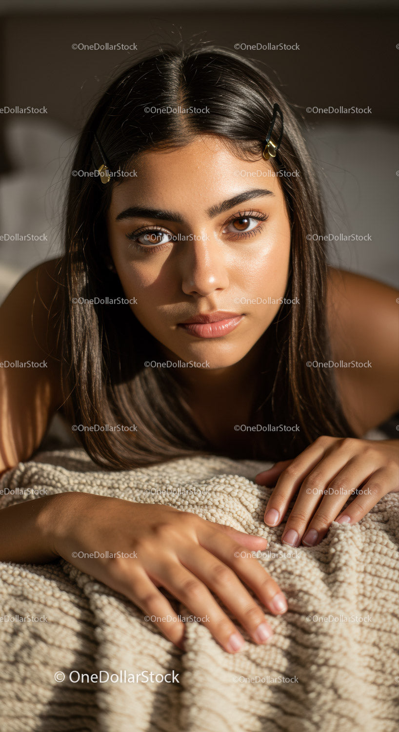 Young Woman Relaxing on Cozy Blanket with Natural Light
