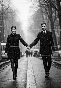 Couple Holding Hands Walking Down Snowy City Street