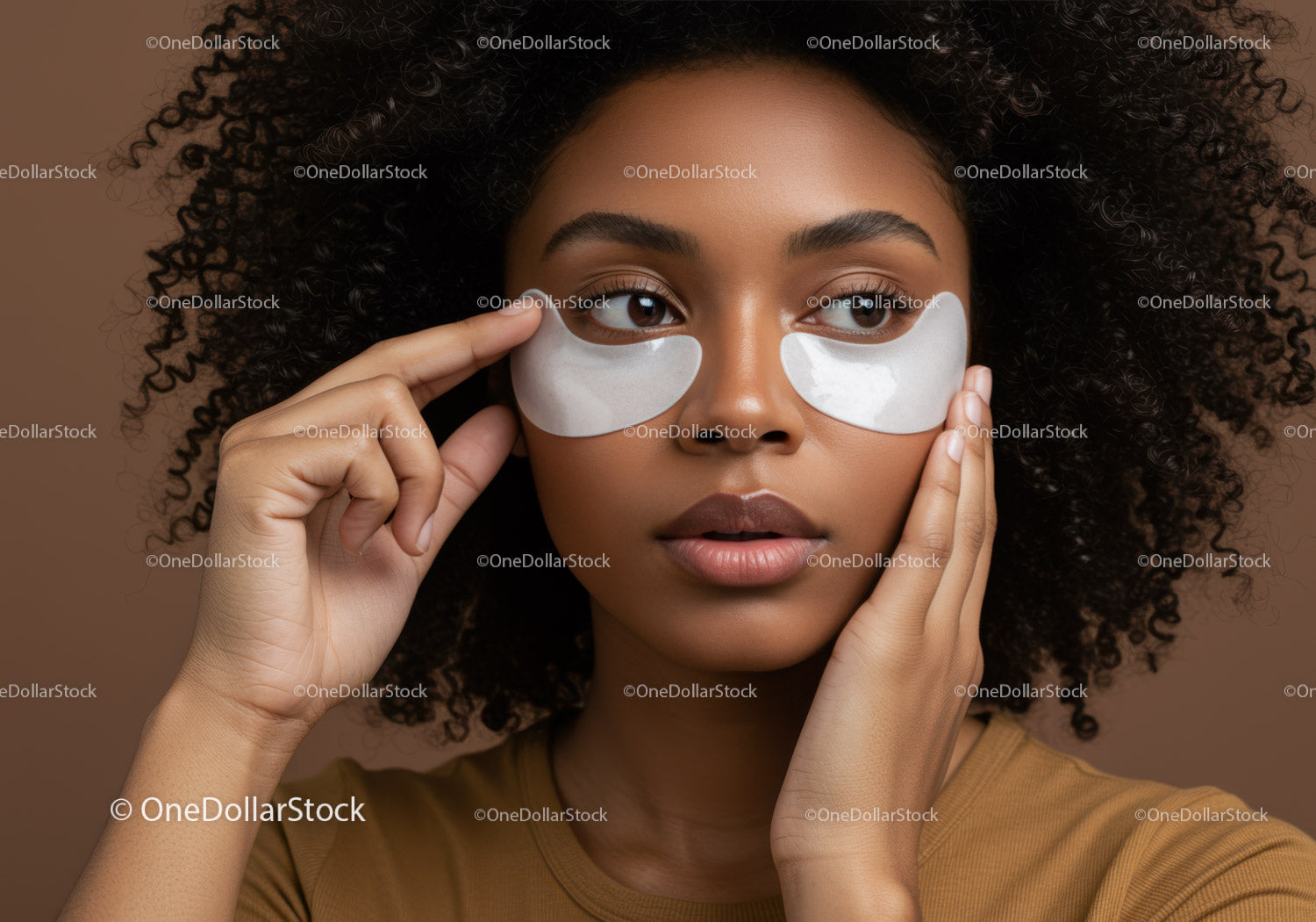 Young Woman with Eye Patches in Skincare Routine on Brown Background