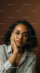 Portrait of a Young Woman Wearing Glasses with Curly Hair and Casual Style