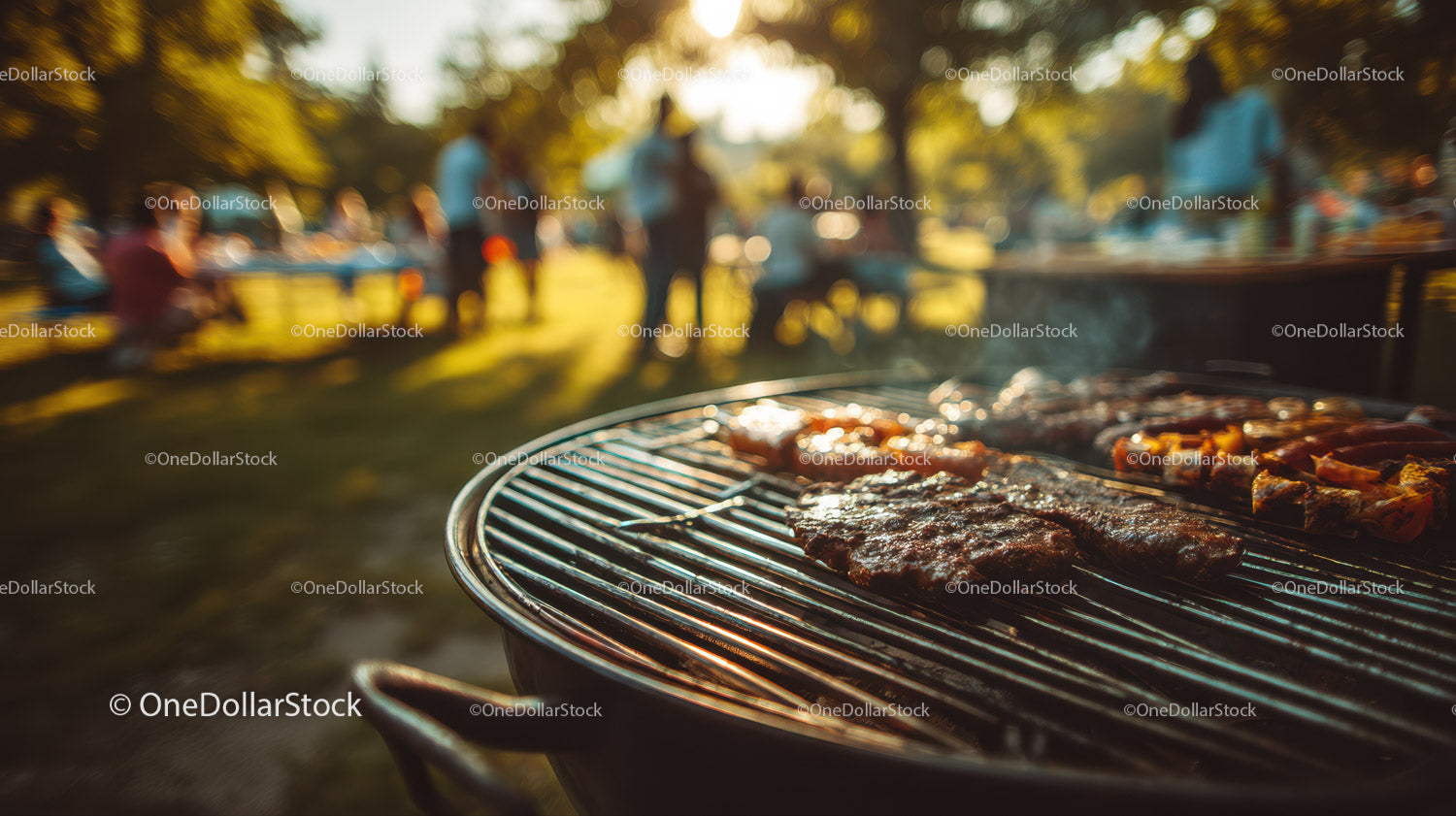 Grilled Meat and Sausages Cooking on BBQ Grill at Summer Outdoor Gathering