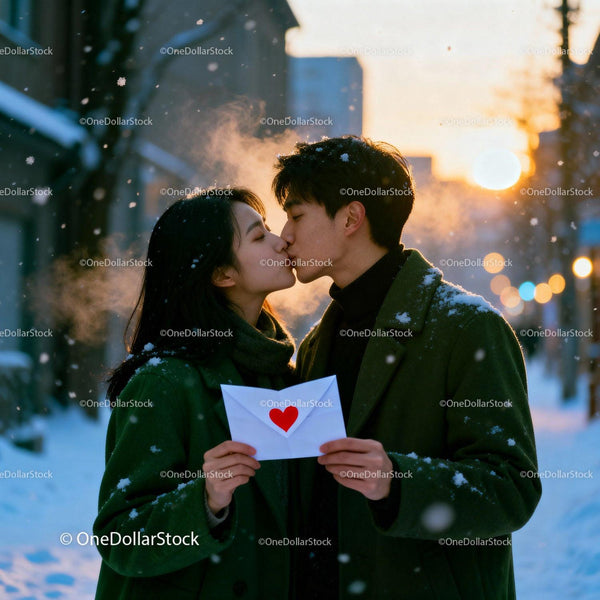 Couple sharing a winter kiss holding love letter