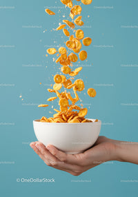 Crispy cornflakes pouring into white bowl held by hand
