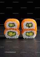 Fresh avocado salmon sushi rolls neatly stacked