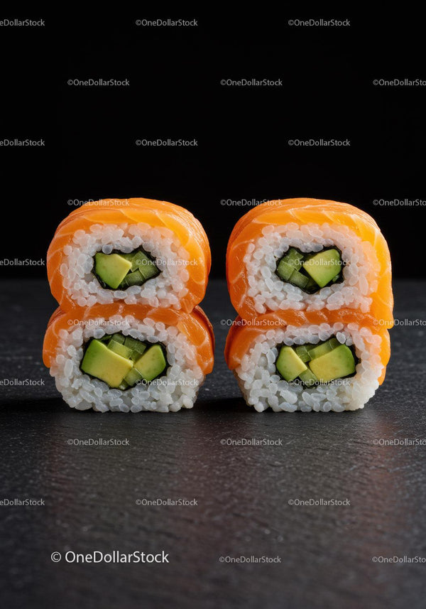 Fresh avocado salmon sushi rolls neatly stacked
