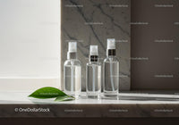 Minimalist clear spray bottles on marble surface