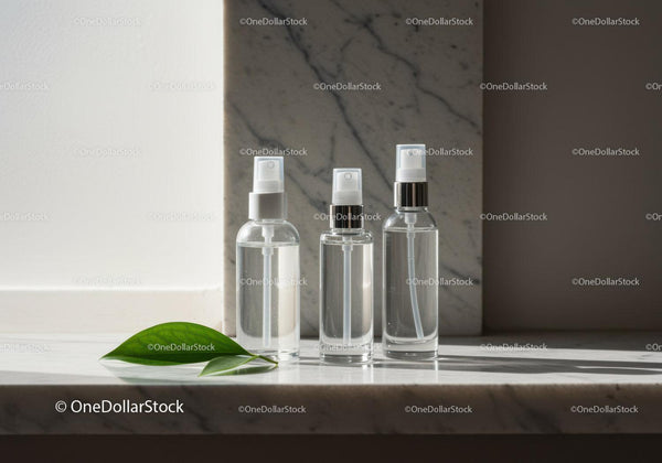 Minimalist clear spray bottles on marble surface JPG Mockup Image
