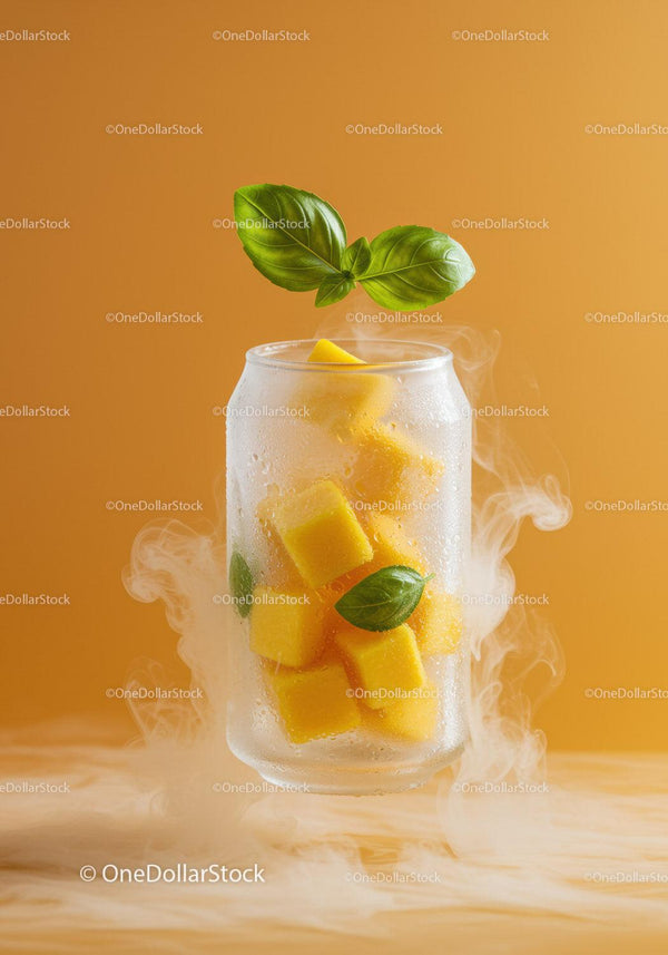 Mrożone kostki mango ze świeżą bazylią w szronionym szkle