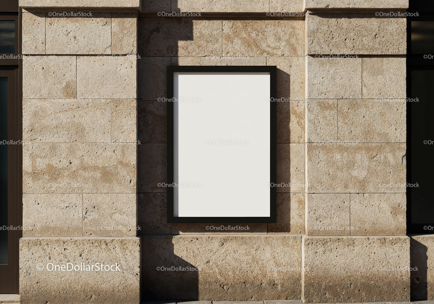 Blank vertical poster on textured stone wall facade