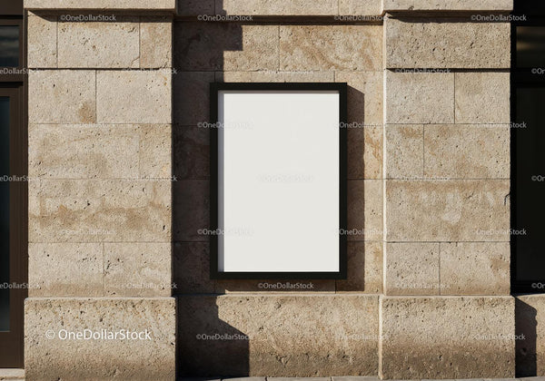 Blank vertical poster on textured stone wall facade JPG Mockup Image