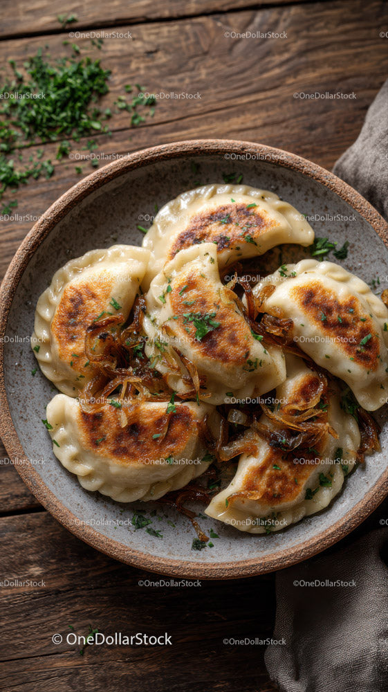 Smażone pierożki z karmelizowaną cebulą w rustykalnej misce