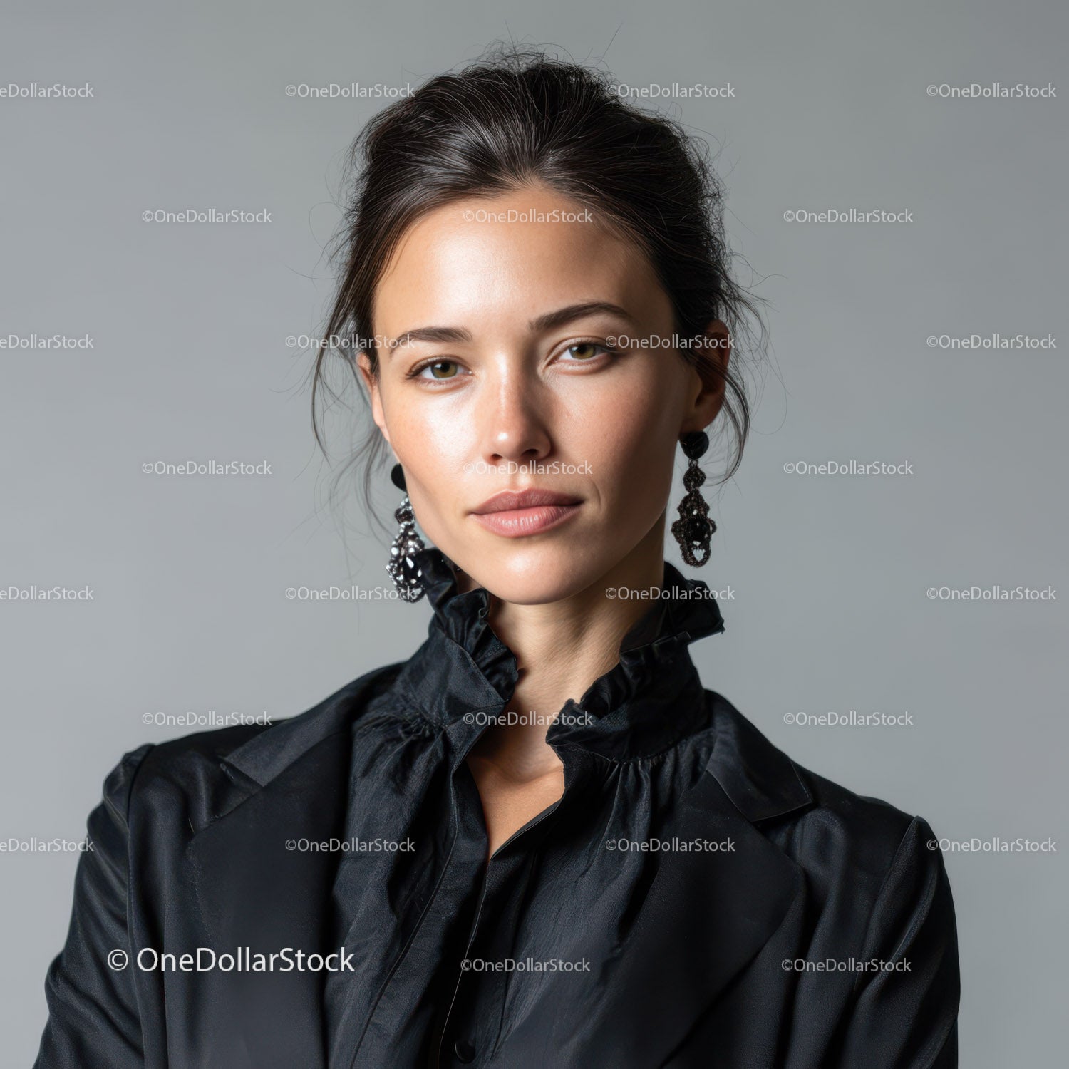 Elegant Young Woman in Black Leather Jacket and Earrings