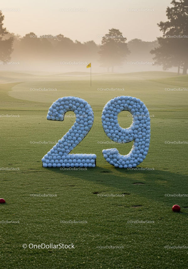 Morning golf course with number twenty nine made of balls