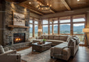 Cozy living room with stone fireplace and mountain views