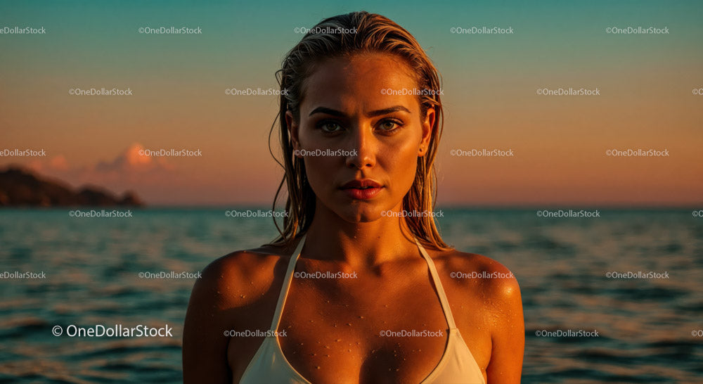 Portret młodej kobiety o zachodzie słońca na plaży latem