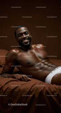 Smiling muscular man relaxing on brown bed in white underwear