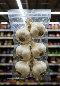 Vacuum Sealed Garlic Bulbs in Clear Plastic Packaging