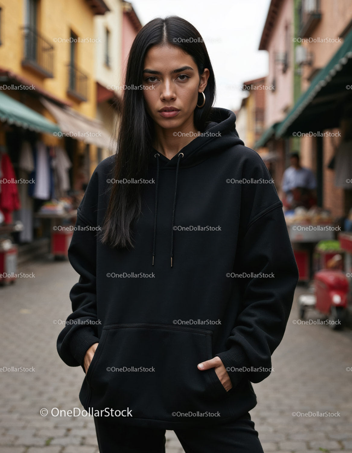 Fashionable Woman Wearing Black Hoodie in Urban City Street