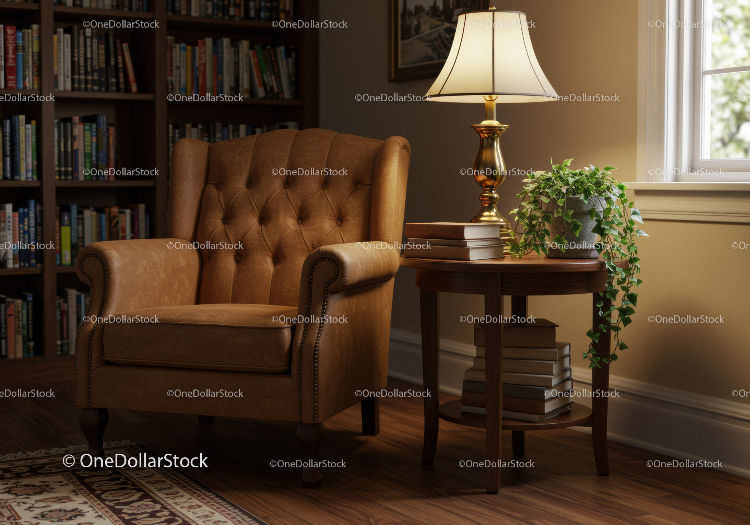Cozy leather armchair with lamp and books near window