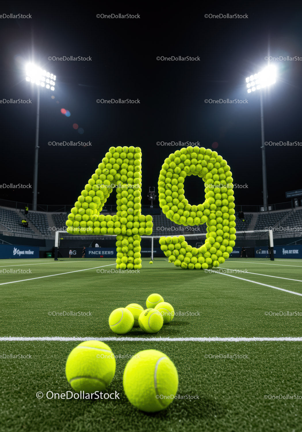 Tennis Balls Forming Number 49 on Court at Night