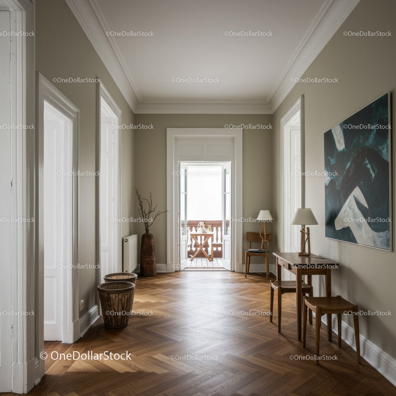 Bright Hallway with Wooden Flooring and Modern Wall Art