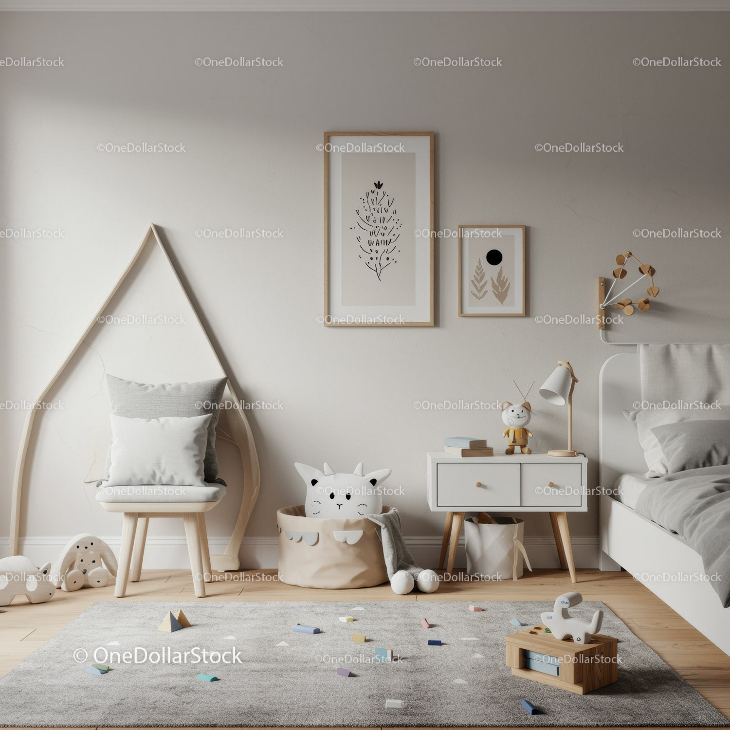 Cozy Modern Children's Bedroom with Wooden Furniture and Playful Decor